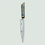 Close-up view of the sharp, high-quality powder metallurgy damascus steel blade of the Thelchtereia paring knife, showcasing its craftsmanship.