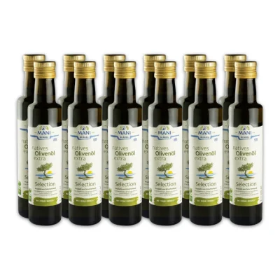 12 bottle pack of Mani Blauel Organic EVOO from Greece