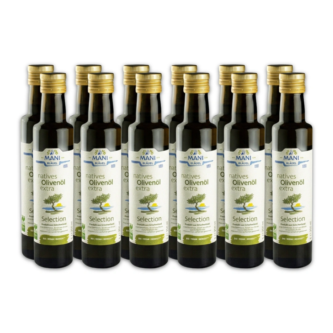 12 bottle pack of Mani Blauel Organic EVOO from Greece 12 bottle pack of Mani Blauel Organic EVOO from Greece