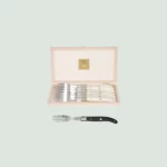 Set of 6 Laguiole steak forks with wooden handles and stainless steel bolsters in beech wood box