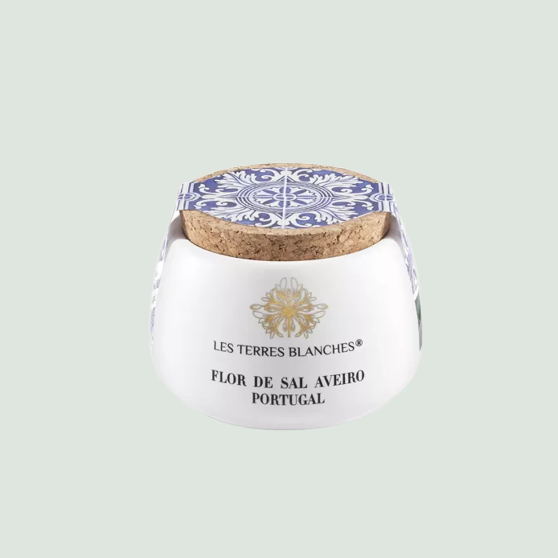 Portuguese Salt Flor de Sal de l'Aveiro in elegant ceramic pot with spoon Portuguese Salt Flor de Sal de l'Aveiro in elegant ceramic pot with spoon
