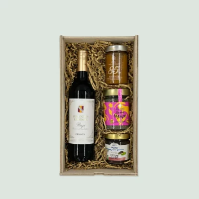 Gift Box 23 : Red Wine - Jam - Herbs - Olive Paste in wooden handcrafted box