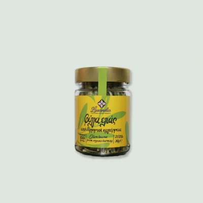 A 30g recyclable package of Lavandia Olive Tree Leaves, featuring a sleek, eco-friendly design with clear labeling.