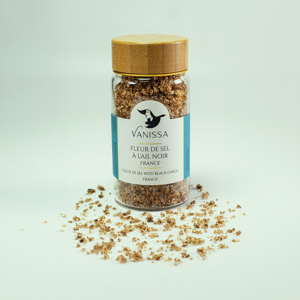 Fleur de sel with black garlic france Fleur de sel with black garlic 90gr . Ideal for a range of dishes, from sweet treats to savory experiments.