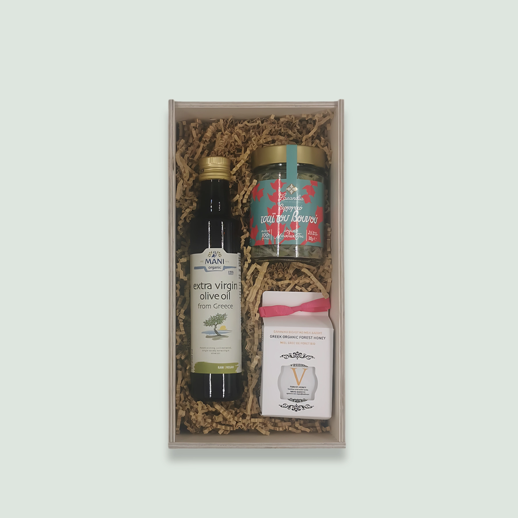 Gift 16 – Olive Oil – Herbs – Honey a healthy gift box containing luxury organic Greek Evoo, vasilissa organic raw honey, and organic herbs or essential oils from Lavandia.