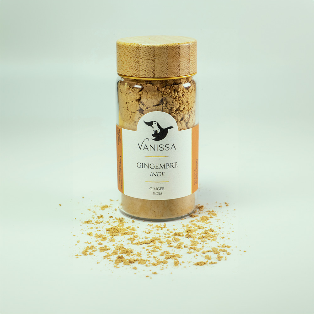 Ginger Powder gourmet spices with our premium Exotic Premium Ginger Powder 50gr in a nice jar with wood lid .