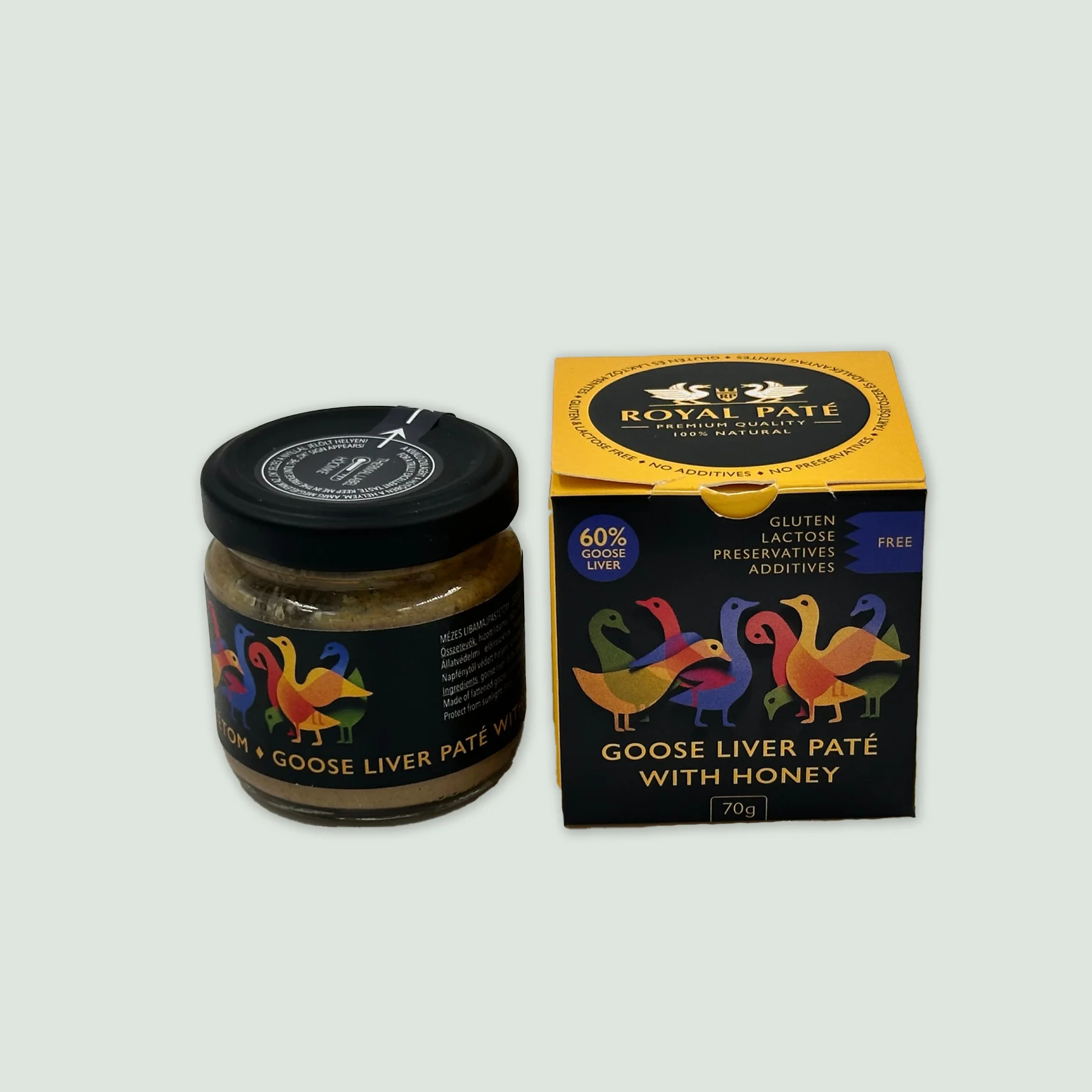 Royal Goose Liver Pate Glass jar of Royal Goose Liver Pate with minimalist label, showcasing premium Hungarian goose liver and honey spread.