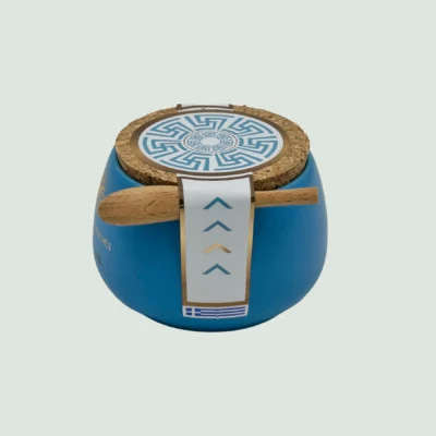 Greek Salt Fleur de Sel Grèce in ceramic Aegean blue pot with spoon – side view