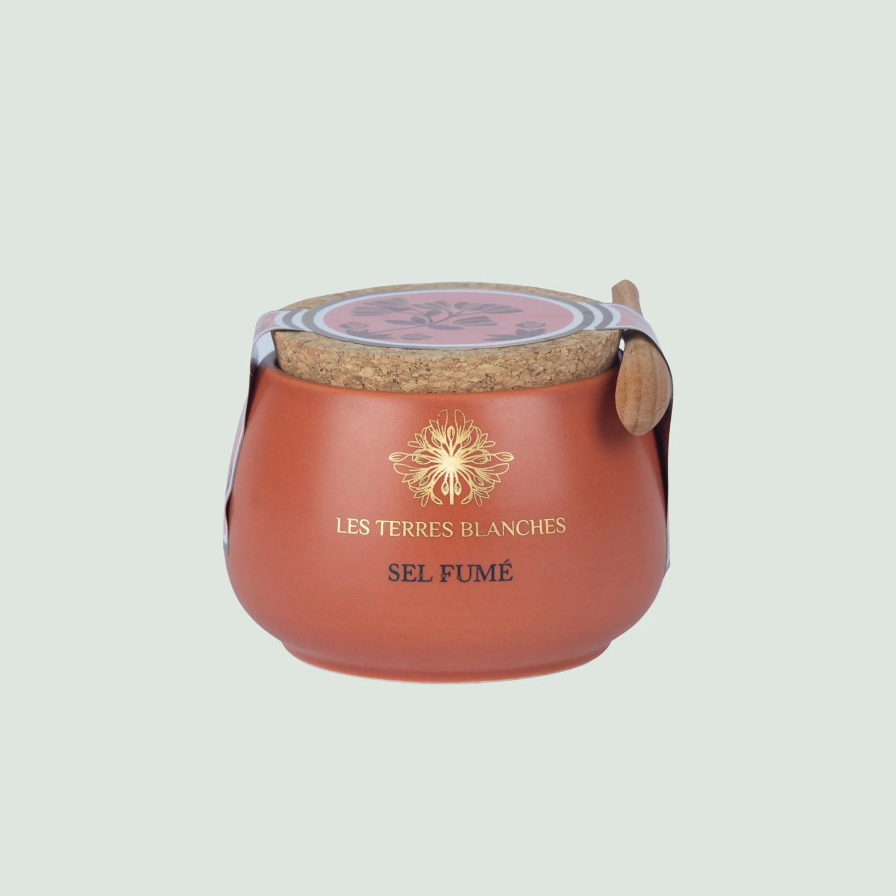 Ceramic jar of smoked salt with spoon Ceramic jar of smoked salt with spoon