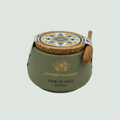 Italian Sea Salt Fior di Sale Italia in olive green ceramic pot with spoon