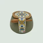 Italian Sea Salt Fior di Sale Italia in olive green ceramic pot with spoon - side view