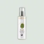 Close-up of the Olium Make-Up Remover bottle with organic EVOO, beeswax, vitamin E, and mauve extract.