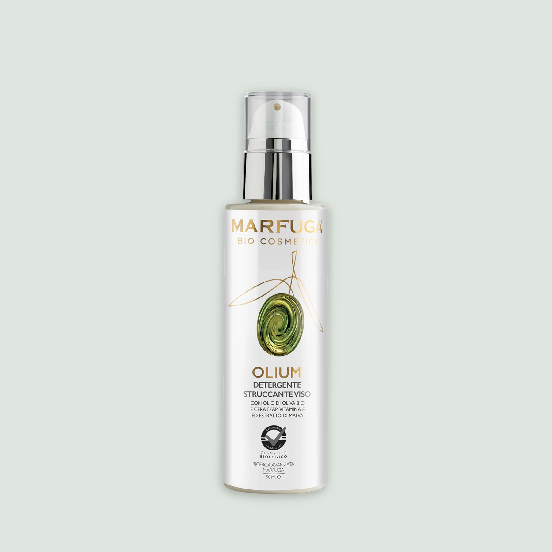 Olium Make-Up Remover Bottle Close-up of the Olium Make-Up Remover bottle with organic EVOO, beeswax, vitamin E, and mauve extract.
