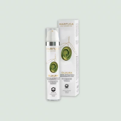 OLIAURA Repairing and Toning Face Cream displayed alongside its luxurious packaging, highlighting the brand's commitment to quality and aesthetics.