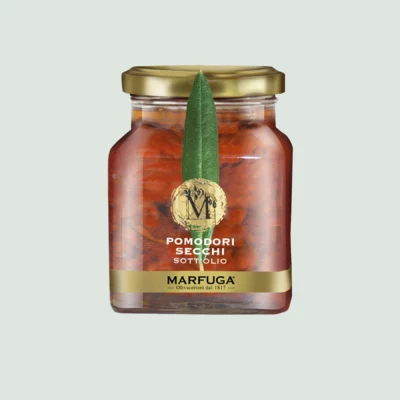A jar of Marfuga Dried Tomatoes preserved in extra virgin olive oil