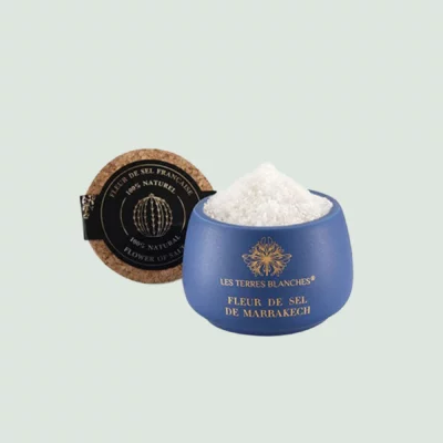 Fleur de Sel de Marrakech in Majorelle blue ceramic jar with spoon – open jar