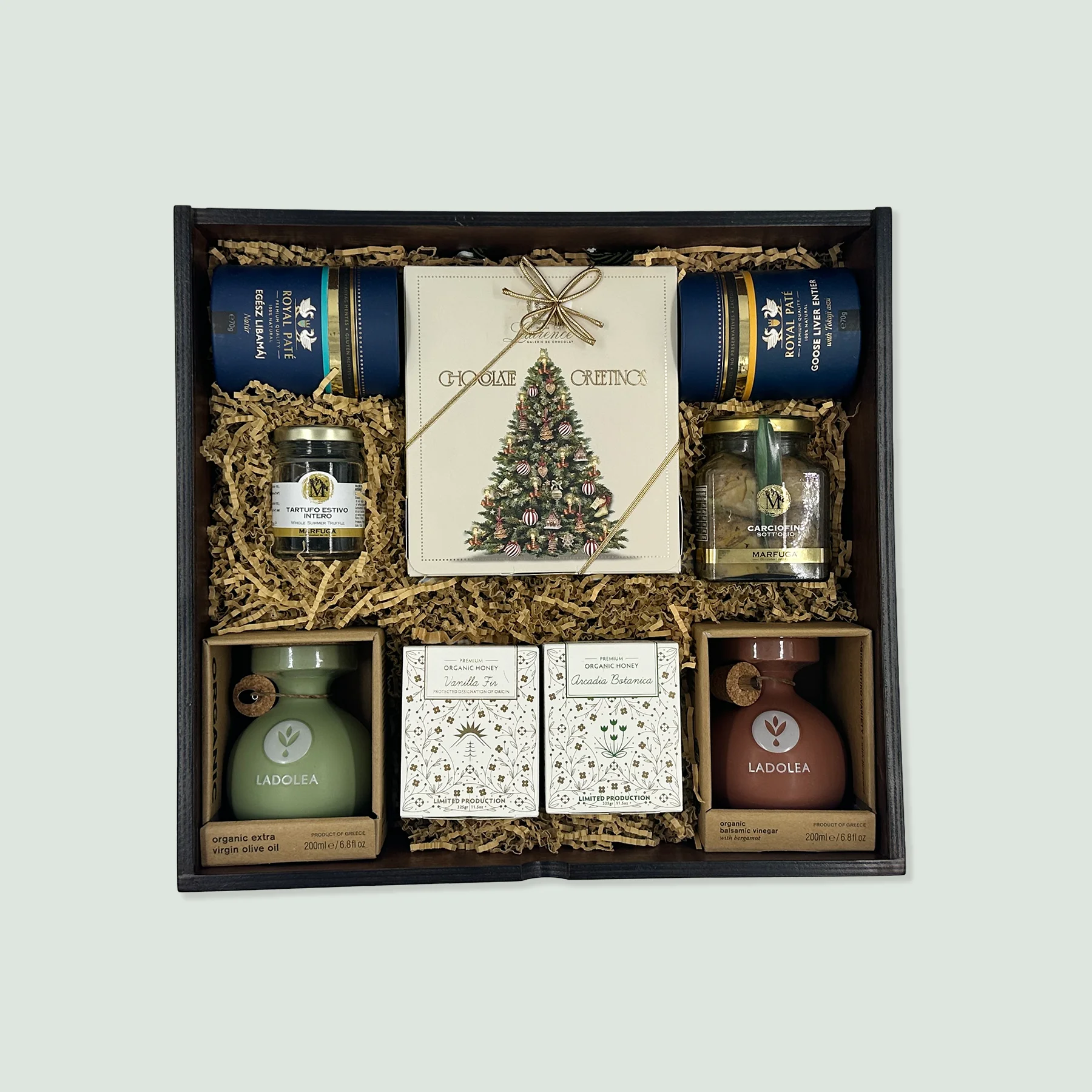 Mediterranean Excellence C wooden box with mediterranean goodies - chocolates olive oil foies gras and olives as a christmas gift