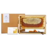 Raw Paliouri honeycomb displayed in a handcrafted wooden frame from the Papadopoulos Beekeeper Family.