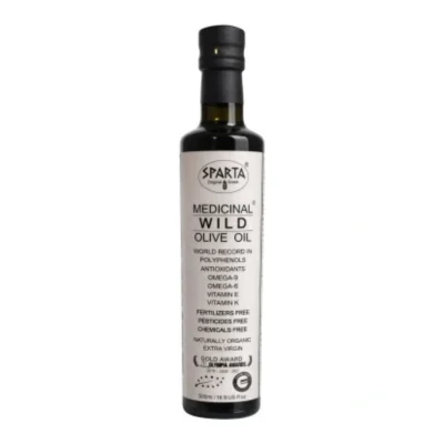 White label bottle of Sparta Medicinal Wild Olive Oil, a limited-edition organic olive oil from Sparta.