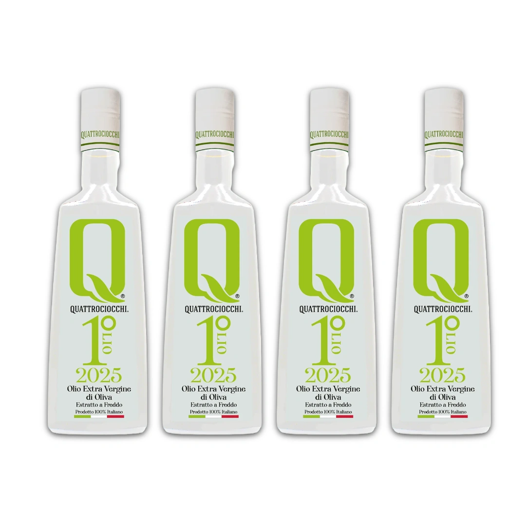 Quattrociocchi 1°Olio Novello extra virgin olive oil bottle (500ml) front view bundle of 4 Quattrociocchi 1°Olio Novello extra virgin olive oil bottle (500ml) front view bundle of 4