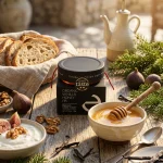 Organic Vanilla Honey Fir jar styled against a backdrop evoking Mount Mainalo and the Arcadian fir forests it comes from.