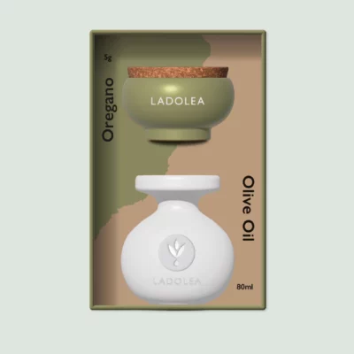 Ladolea organic olive oil and dried oregano set in handmade ceramic vessels