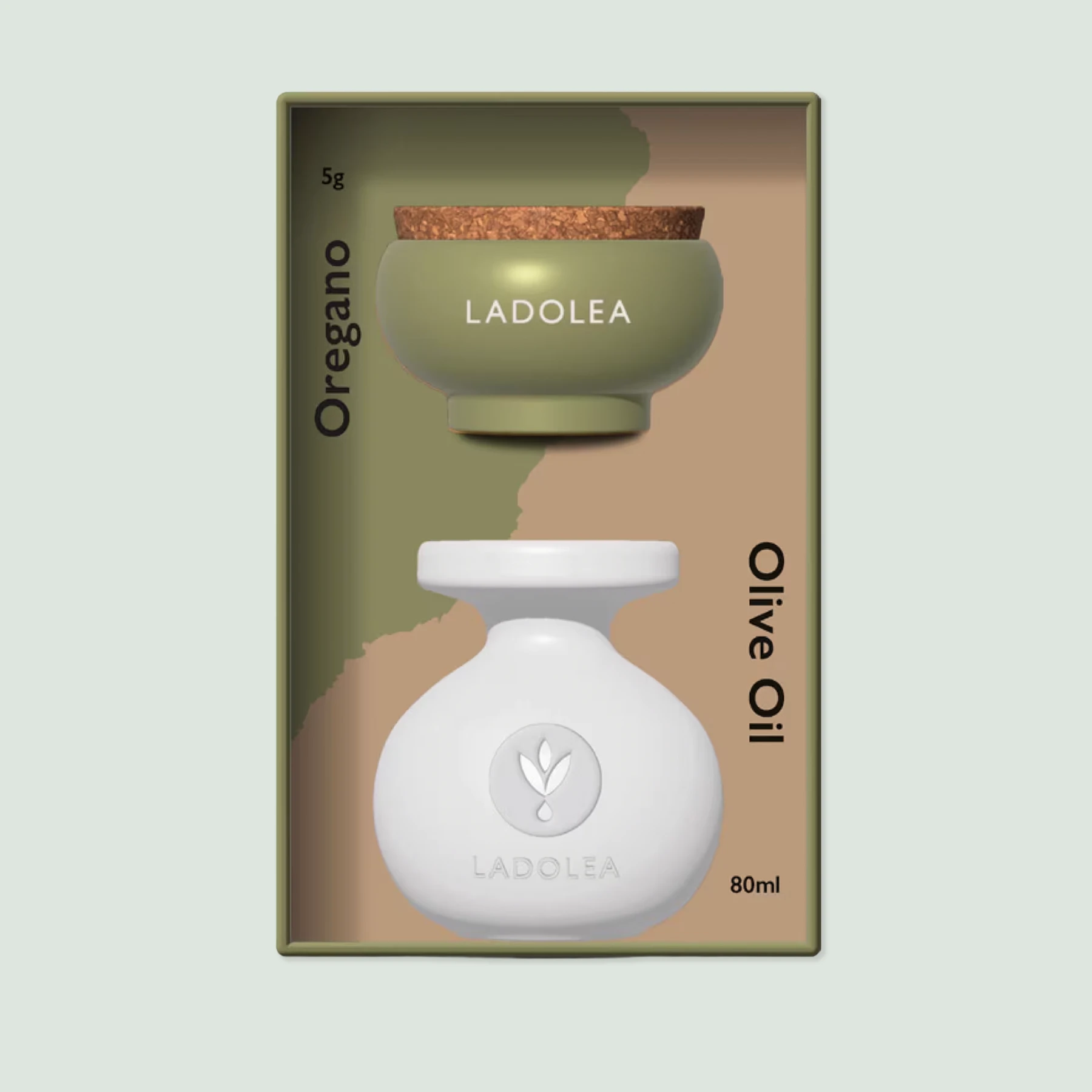 Ladolea organic olive oil and dried oregano set in handmade ceramic vessels Ladolea organic olive oil and dried oregano set in handmade ceramic vessels