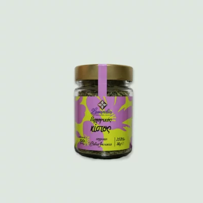A 30g package of Organic Cistus Incanus, featuring carefully dried blossoms and leaves from Lavandia.