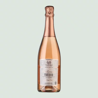 Front view of Prosecco DOC Rosé Brut Nature Millesimato bottle showcasing its elegant design and light pink hue, crafted from Glera and Pinot Noir grapes.