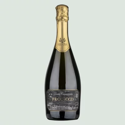 Front view of Prosecco DOC Spumante Extra Dry bottle showcasing elegant label of organic prosecco wine from Venice mainland.