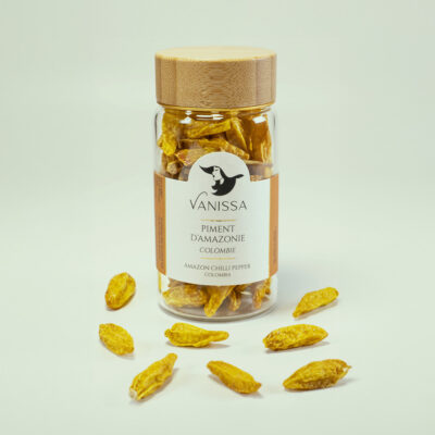 Embrace the luxurious world of gourmet spices with our premium Exotic Amazon Chili Pepper Colombia 15gr in a nice jar with wood lid .