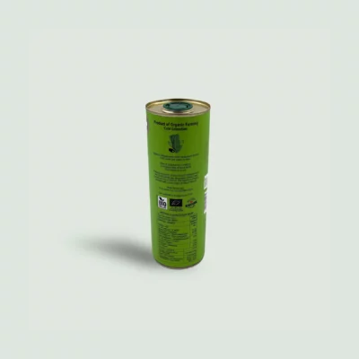 Back label of Prevezana Monovarietal Organic Olive Oil displaying nutritional information and details about its high phenolic content.