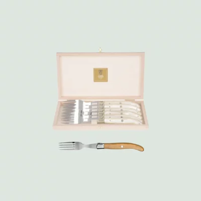 et of 6 Laguiole steak forks with juniper wood handles in beech wood presentation box