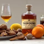 Spyropoulos Aged Tsipouro served alongside traditional Greek melomakarona cookies, highlighting a festive pairing.