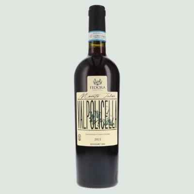 Front view of Valpolicella DOC Italian wine bottle with elegant label highlighting its origin and character