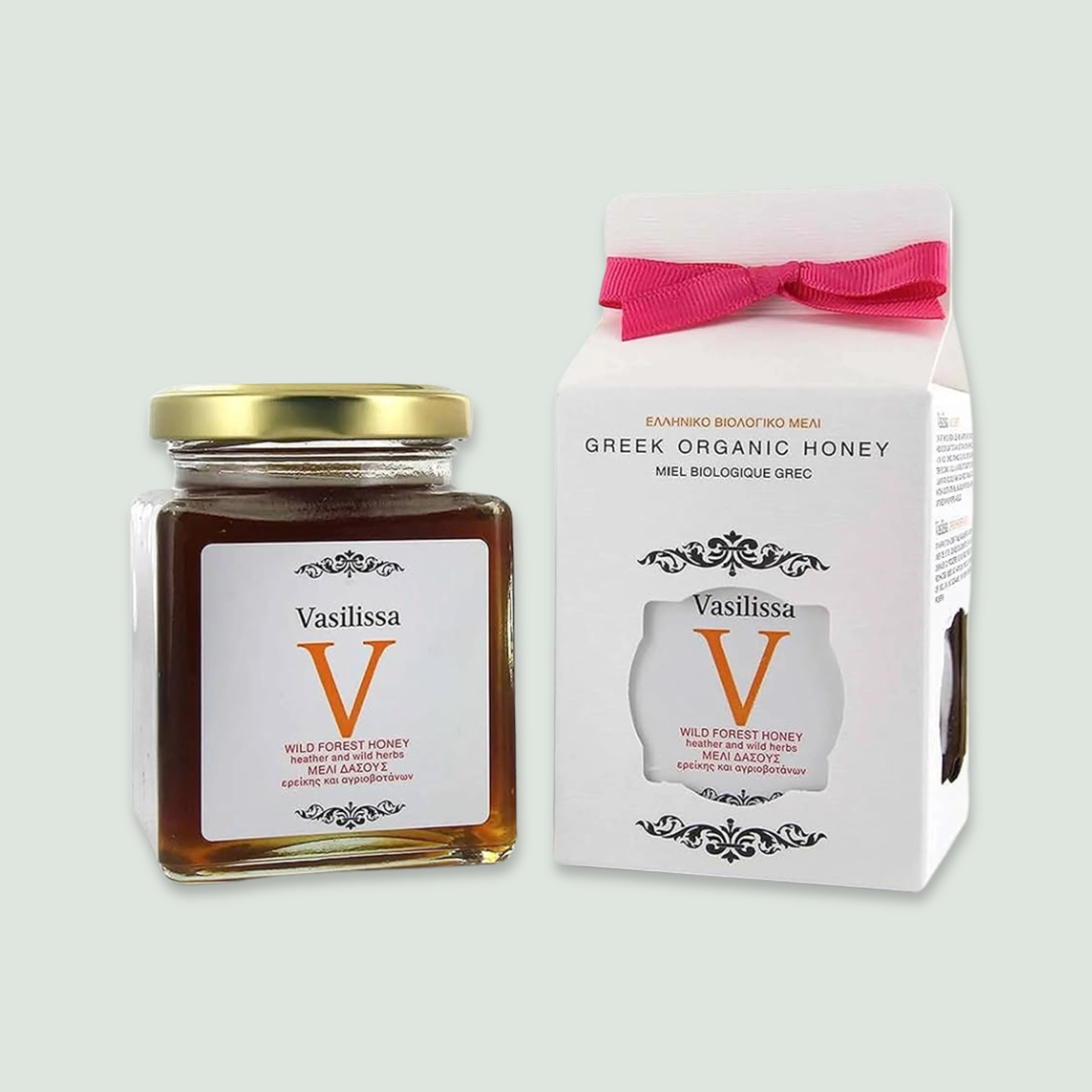 Vasilissa Wildforest Honey Jar A jar of Vasilissa Wildforest Honey showcasing its rich amber color and elegant label, symbolizing premium organic honey.