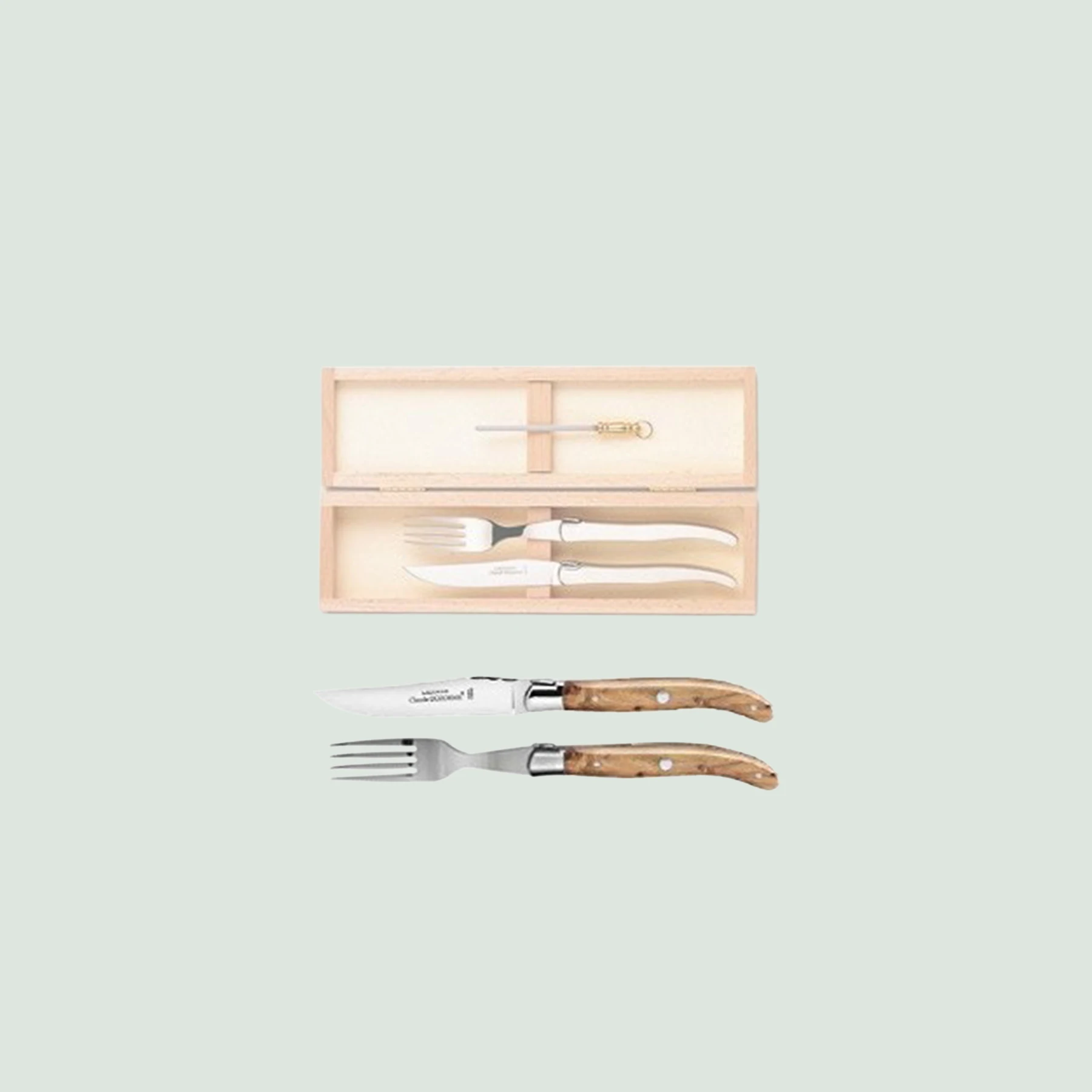 Laguiole steak knife and fork with juniper wood handles and stainless steel bolster in beech wood gift box Laguiole steak knife and fork with juniper wood handles and stainless steel bolster in beech wood gift box