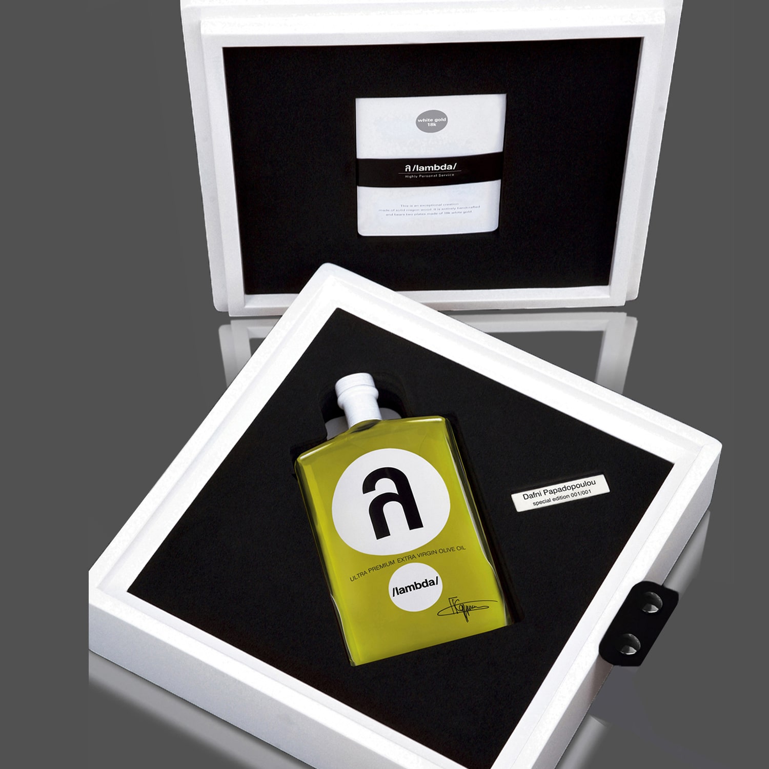 bespoke lambda handcrafted case open copy-min λ /lambda/ ultra premium olive oil 500 ml bespoke silver edition