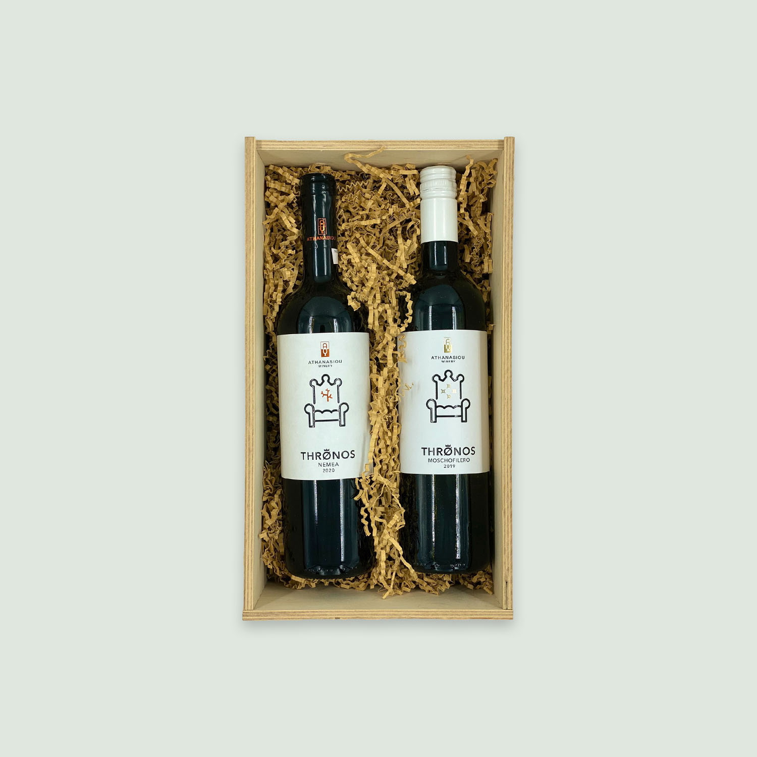 box 2 wines thronos Wooden Box: 2 Wines Athanasiou White and Red - Image 1