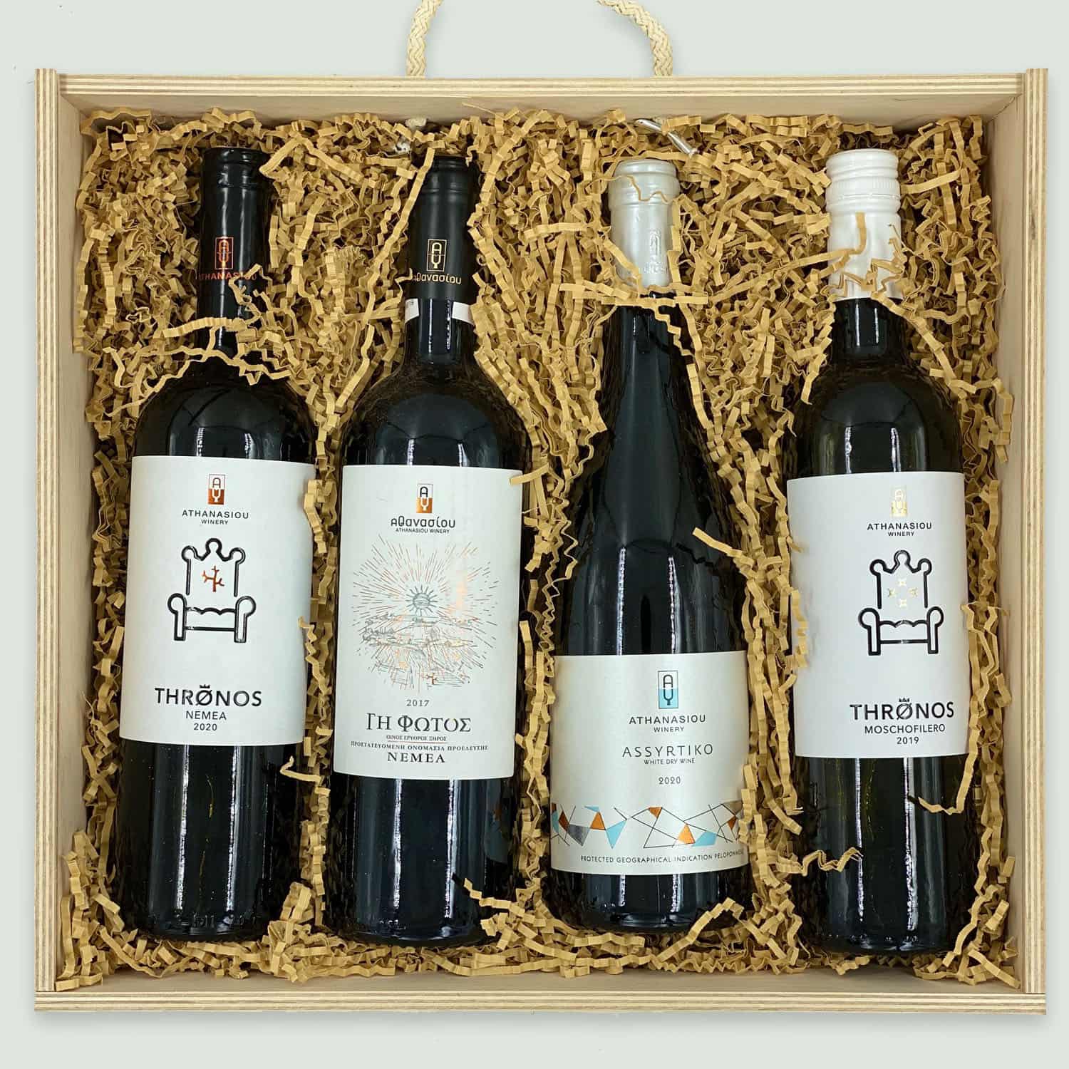 box 4 wines athanasiou Wooden Box: 4 Athanasiou Winery Nemea Greece - Image 1