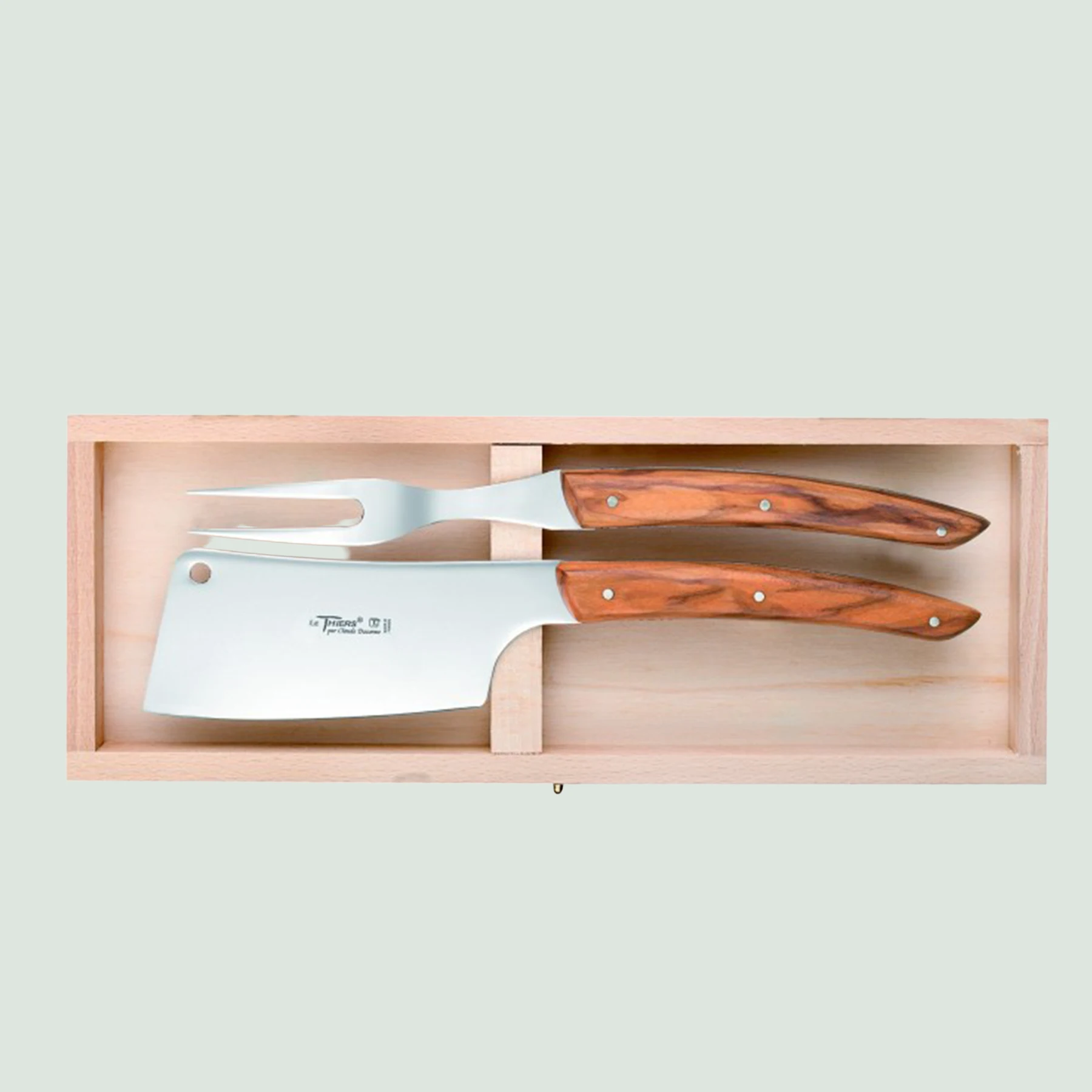 Le Thiers cheese cleaver and fork with olive wood handles Le Thiers cheese cleaver and fork with olive wood handles