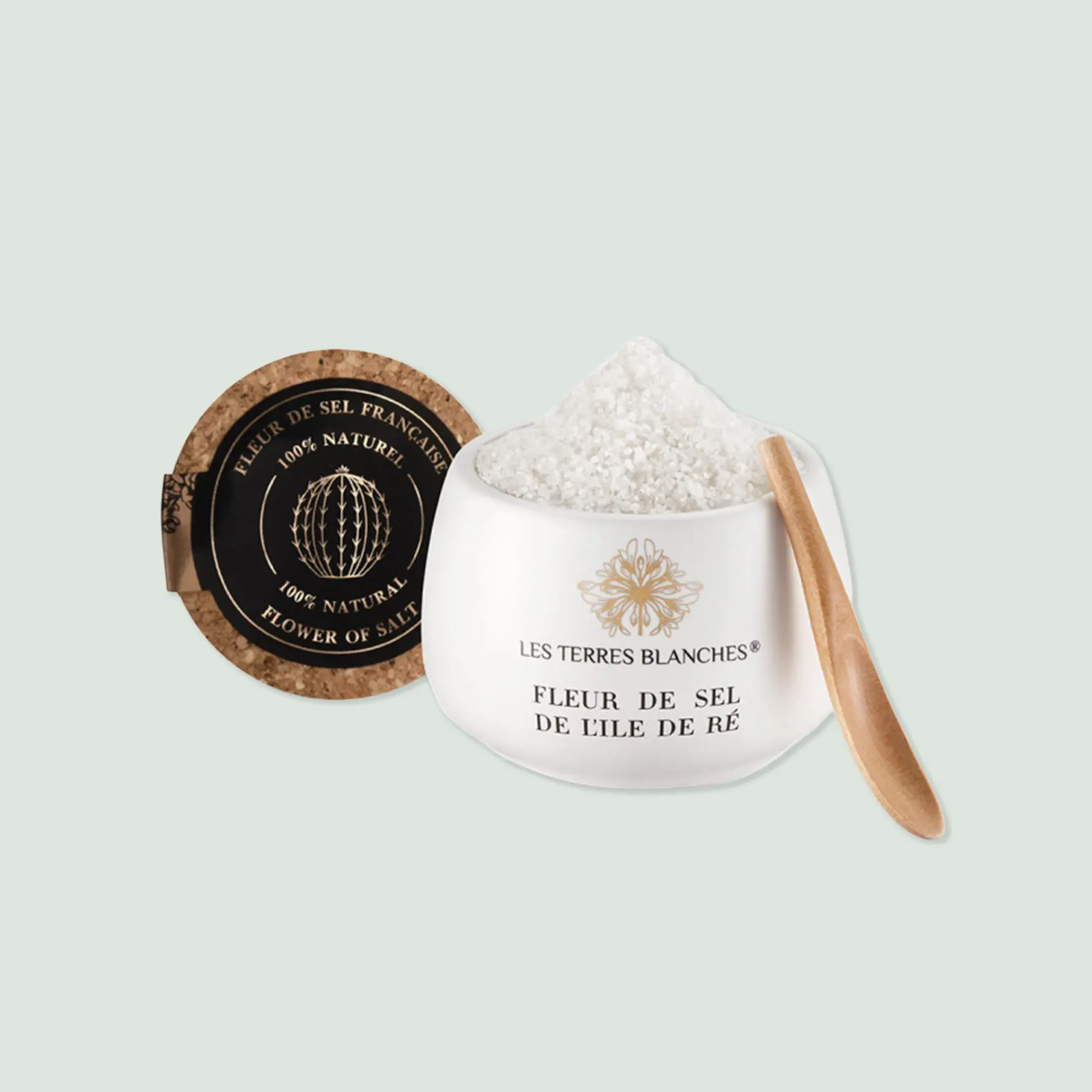 Fleur de sel from Île de Ré in ceramic jar with spoon – front view Fleur de sel from Île de Ré in ceramic jar with spoon – front view