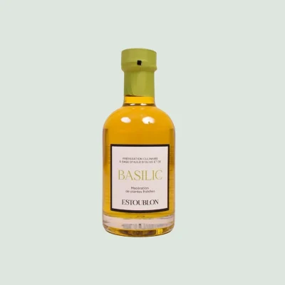 Premium basil-infused olive oil bottle with fresh herb aroma and Mediterranean character
