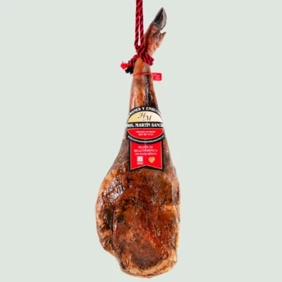 Whole Jamón Gran Reserva ham leg with visible marbling and natural 12-month curing