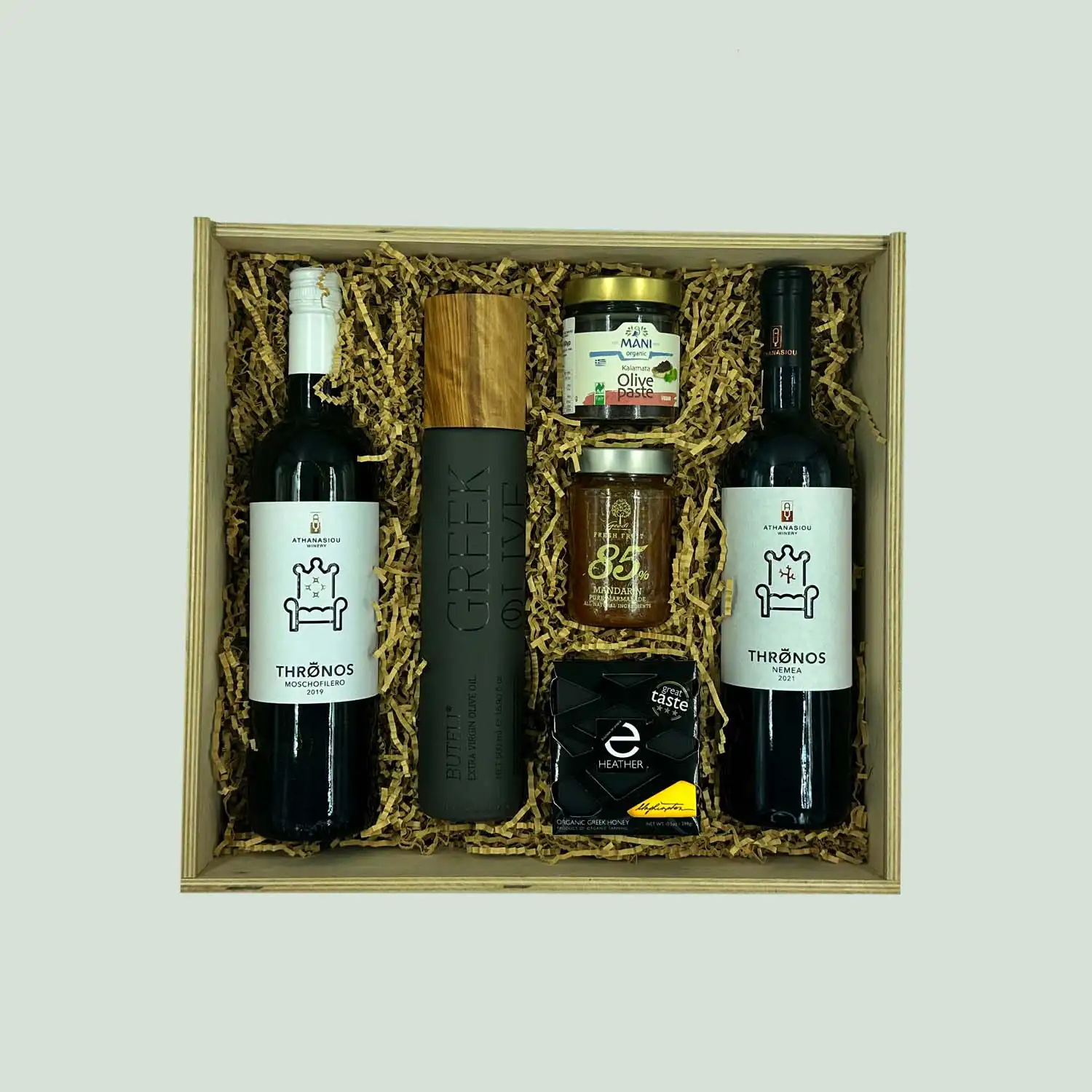 new-set-7 copy Wooden Box 107: Wines - Honey - Olive Paste - Jam - Image 1
