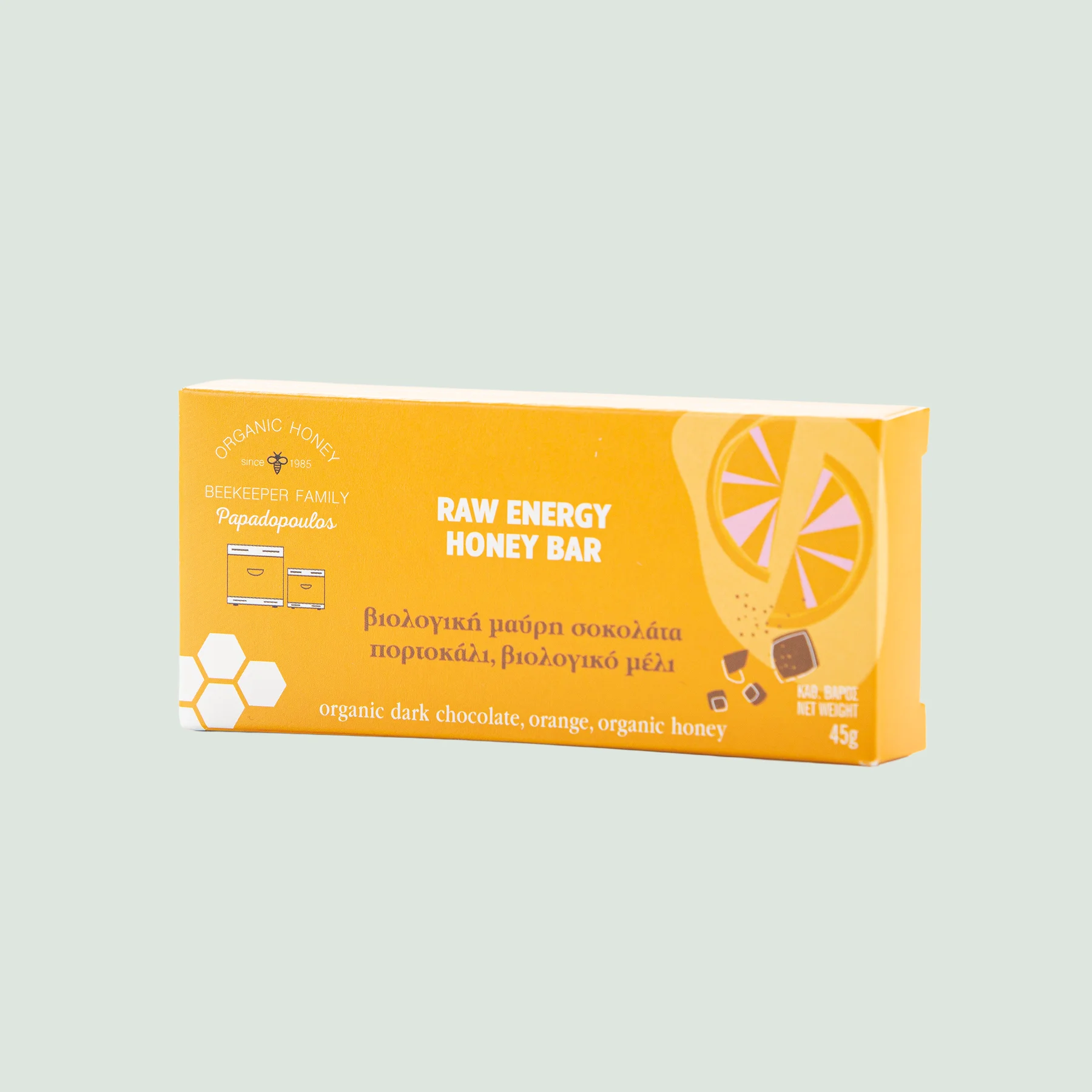 Organic energy bar with dark chocolate, orange, and honey by Beekeeper Family Organic energy bar with dark chocolate, orange, and honey by Beekeeper Family