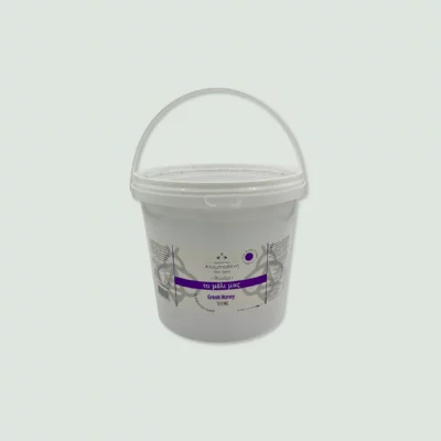 5kg container of raw Greek thyme honey by Albanasis Beekeeping Family with golden amber color