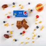 Healthy snack bar with strawberry, blueberry, and cashews for natural energy