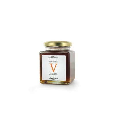 Close up of the Vasilissa Organic Thyme Honey label showing BIO organic certification