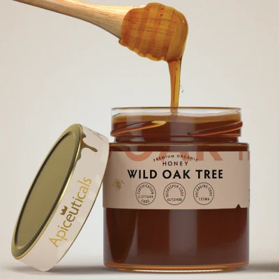 Dark amber oak honey with dense texture and mineral richness